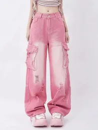 Women's Jeans Hole Design Distressed Pink Vintage Street Style Casual Wide Leg Pant Female Straight Denim Large Pocket Trousers