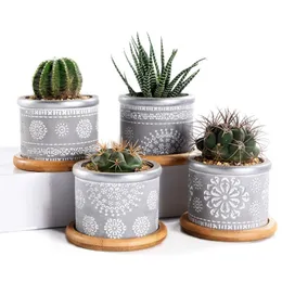 4In Set 2 95Inch Cimento Suculento Plantador Potenciômetros Cactus Plant Pot Interior Pequeno Recipiente de Caixa de Janela de Concreto com Bambu Y200722852