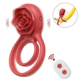 Секс-игрушка-массажер, кольцо на член, мужской вибратор с розой, вибрирующий пенис, задержка эякуляции, дистанционное управление, игрушка для стимуляции клитора для пар