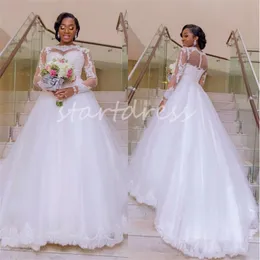 Abito da sposa moderno bianco Boho 2024 Elegante abito da sposa sudafricano in pizzo a maniche lunghe con scollo a O Una linea Abito da sposa da giardino in tulle Taglie forti Stile country Mariage Novias