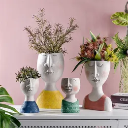 Arte retrato vaso de flores escultura resina rosto humano família plantadores vaso de flores jardim armazenamento arranjo de flores decorações para casa y309v