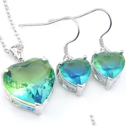 Wedding Jewelry Sets Wholesale Luckyshine Earring Pendants Sets Bi Colored Tourmaline Heart Zircon Sier Women Necklace Wedding Jewelry Dhqtu