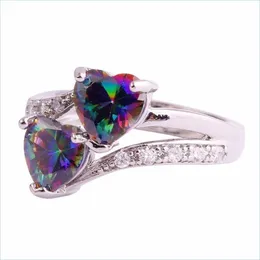 Solitaire Ring Pretting Mystic Rainbow Zircon Çift Sterling Sier Kaplamalı Doğum Taşı Takıları Düğün Damlası Teslimat Dhmok