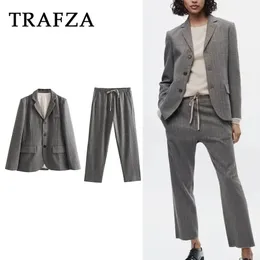 Calças femininas de duas peças TRAFZA 2024 outono inverno mulheres escritório senhora ternos listrados único breasted blazers vintage cordão solto elegante conjuntos 231204