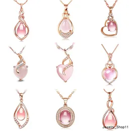 S925 Silver Rose Quartz Cat Eye Crystal Stone Pendant Necklace For Women Gemstone Fashion Jewelry