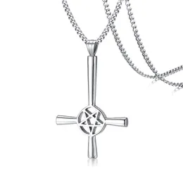 Große silberne Halskette mit umgekehrtem Kreuz, okkultes Pentagramm, aus Edelstahl, satanischer Gothic-Satan-Schmuck291S