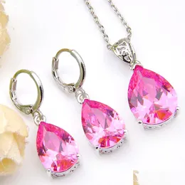 Örhängen halsband rosa crystal drop halsband örhängen smycken set kubik zirkoniume 925 sier hängen halsband för droppleverans jude dhx4i