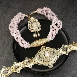 Set di gioielli da sposa Sunspicems Chic Pink Stone Marocco Set di gioielli Cintura in metallo Multistrato Girocollo Collo Caftano Spilla Arabo Sposa Gioielli da sposa 231204