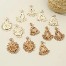 Stud Earrings Fashion Women Bohemia Natural Rattan Raffia Straw Wicker Tassel Dangle For Holiday