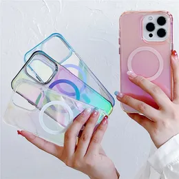 Lasergradiëntkleur voor magneet Draadloos opladen Clear Case voor iPhone 15 12 13 14 Pro Max 14Plus Luxe magneet Hard PC Cover