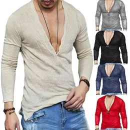 دعاوى الرجال A2014 ممزقة Herfst Mens V-Hals T-Shirt Slim Fit Spier Top Lange Mouw Linnen Zomer Shirt