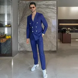 Men's Suits Blazers STEVDITG Luxury Men's Suits Double Breasted Peaked Lapel Stripe Casual Blazer 2 Piece Jacket Pants Formal Wedding Clothing 231205