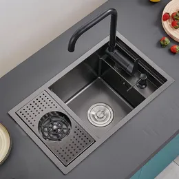 Pia de cozinha oculta de tamanho pequeno, preta, tigela única, pia de barra, aço inoxidável, varanda, escondida, preta, com lavadora de copo, bar261z