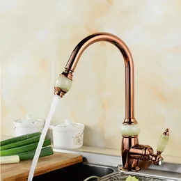 Kitchen Faucets Rose Gold Brass 360 Rotate Pull Out Faucet With Jade Shower Head Cold Water Mixer Sink Taps Torneira 231204