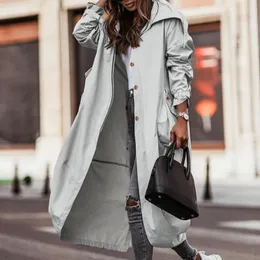 Kvinnors jackor Long Shacket Hooded Coat Casual Temperament Lapel Collar Button Up Pocketed Windbreaker Woman Clothing
