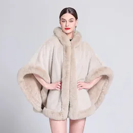 Scarves 2023 Autumn Winter Faux Fur Collar Oversize Velvet Warm Poncho Cloak Big Pendulum Loose Cape Out Streetwear Shawl Coat With Hat 231204