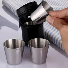 4pcs/set 30ml 1OZ Mini Stainless Steel Wine Drinking Shot Glasses With Cover Bag Measuring Cups Portable Outdoor Travel Cup