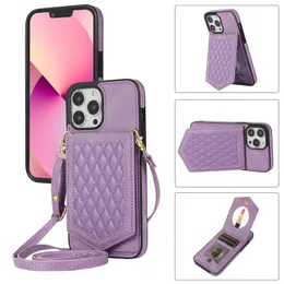 Kvinnors lanyard plånbok spegel lädertelefonfodral för iPhone 15 14 13 12 11 Pro Max Mini X XS XR RFID Blockering av lädertelefonöverdrag