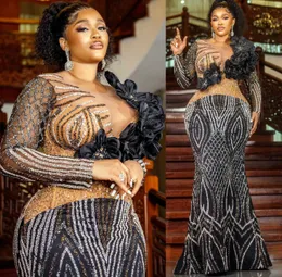 2024 ASO EBI MERMID Black Prom Dress Ręcznie Made Flowes Cequined Lace Even Even Formal impreza Druga przyjęcie urodzinowe suknie zaręczynowe sukienki szatą de soiree ZJ350