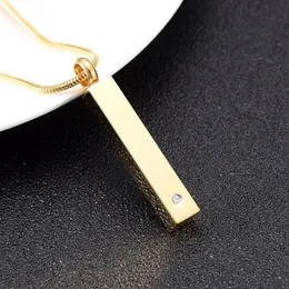 Inlay Zircon Golden Stainless Steel Bar Cremation Urn Pendant Graverable Keepsake Memorial Jewelry for Ashes187n