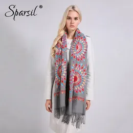 Sparsil Women Quality Soft Cashmere Scarves Sun Flower Embroidery Warm Long Shawls Winter Knitted Scarf All Match Pashmina Wrap S1174W