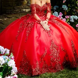 Red Glitter Princess Quinceanera Dresses Long Sleeves Sequins Lace Appliques Pluffy Ball Gown Organza Sweetheart Prom 16 Dress For Girls 2024 Vestido De 15 Anos