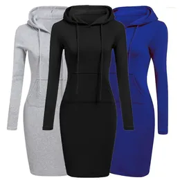 Sıradan elbiseler Sonbahar Kış Kadın Spor Giyim Hoodies Uzun Elbise Sweatshirt Patchwork Moda Külot Cep Kapşonlu Nedensel Kadın