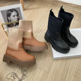 Kobiety modne buty śniegowe deisgner martin buty grube elastyczne szwy związane z dzianiną ciepłe skarpetki Martin Middle Platform Boots Nowy styl list klasyczny