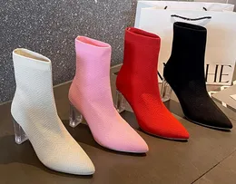 Heels Socks Boots Women Stretch Fabric Elastic Stilettos Heel Pointed Toe Ankle Boots Shoes Woman Boats 35-43