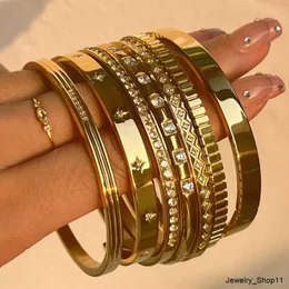 Nytt vattentätt rostfritt stål Stacking Open CZ manschett Bangles 18K Gold Plated Star Zircon Armband Women Ins Summer 2022 SMYELLT