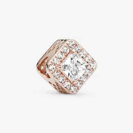 Ny ankomst 925 Sterling Silver Rose Gold Square Sparkle Halo Charm Fit Original European Charm Armbandsmycken Accessori246p