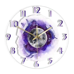 Настенные часы Горбатые киты с принтом Луны акриловые часы фиолетовые фэнтезийные произведения искусства часы для гостиной бесшумный кварц320c