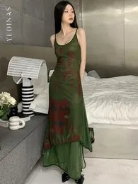 الفساتين غير الرسمية Yedinas Fairycore Spaghetti Strap Summer Dress Women Gatwork Mesh Green Vineveless Vestidos Long Maxi Party Y2K