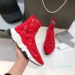 Designer Luxury Red Speed White and Red Clear Sole stretch knit slip on Sneake Sock Sports Trainer Shoes Sneakers With Box