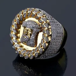 Verklig solid 14K Gold Mens Jesus Head Copper CZ Rings Iced Bling Zirconia Hip Hop Ring Luxury Deisnger Gift Jewelry2503