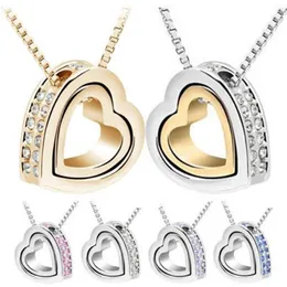 QCooljly Gold Heart in Heart Shaped Austrian Crystal Pendant Necklace Fashion Jewelry for Women Part