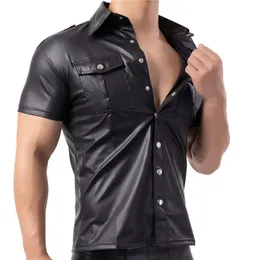 Men's Casual Shirts Mens Shirts Faux Leather T Shirts Nightclub Stage Costumes Short Sleeve Button Up Shirt PU Leather Latex Wetlook Dance Clubwear 231205