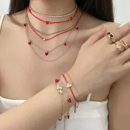 Collana Orecchini Set Donna Sovrapposizione Anello angelo Gioielli per San Valentino Bracciale multistrato regolabile rosso alla moda Cuore di cristallo