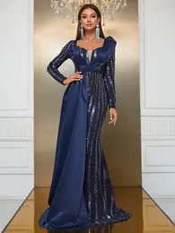 Splendido abito a sequestro blu con paillettes blu Eleganti maniche lunghe Groom Sermaid Abiti da sera arabi Abaya Prom OCN Abiti OCN 403