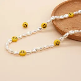 Chains BohoBliss Imitation Pearl Beads Necklace For Women Happy Face Acrylic Pendant Charms Fashion Jewelry Lucky Choker Christmas Gift