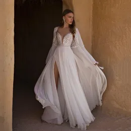 Spaghetti-Mordern-Brautkleid mit tiefem V-Ausschnitt für die Braut, ärmellos, trendiges, rückenfreies Chiffon-Spitze-Capped, geteilte Vorderseite, individuell gestaltet