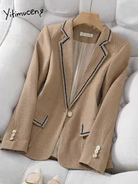 Womens Suits Blazers Yitimuceng Vintage for Women Fashion Autumn Single Button Lapel Blazer Office Ladies Long Sleeve Coat 231204