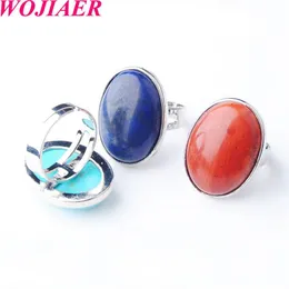 Wojiaer moda Kamień naturalny wycie geometria Owalna niebieska turkusowa regulacja pierścieni dla kobiet biżuteria BZ910204B