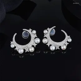 Pendientes de tuerca de Plata de Ley 925, Perla, Circonia cúbica, estrella, Luna, pendiente elegante de diseñador, joyería de boda para mujer 251u