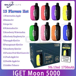 Primär Iget Moon 5000 Puff E Cigarett 1750mAh Uppladdningsbart batteri 13 ml Förfylld POD 13 Flavors Disponibla Vape Puffs 5 Kit