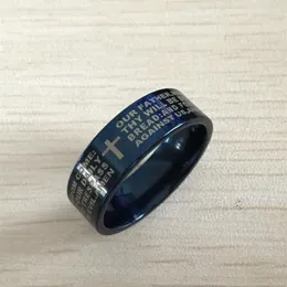 Синее мужское английское библейское кольцо 8 мм из титановой стали 316 с крестом и буквенным молитвенным библейским обручальным кольцом «Властелин кольца» для мужчин и женщин248P
