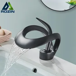 Other Faucets Showers Accs Rozin Luxury Black Basin Faucet Grey Bathroom Waterfall Mixer Tap Brass Deck Mount Modern Style Cold Water Sink Crane 231204