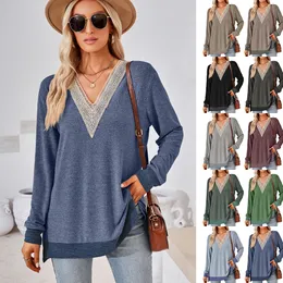 2023 Neuankömmling V-Ausschnitt Spitze Solid Loose Damen T-Shirt Top für Amazon EU/US Cross-Border E-Commerce