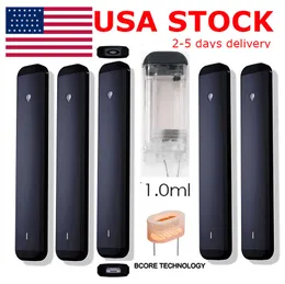 USA Stock 1ML E-cigarett POD Disponibla Vape Pen Tomma förångare Tjocka oljevagnar Flat Pens USB-laddningsbara 280mAh Batteris Ceramic Coil D9 Black Pen Custom Logo Box