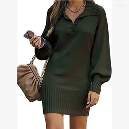 Casual Dresses Autumn Fashion Solid Color Loose V-neck Pullover Sweater Dress 2023 Women Lantern Sleeve Lapel
